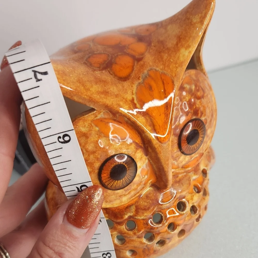 Ceramic owl drip glaze orange luminaria retro orange tealight‎ candle holder